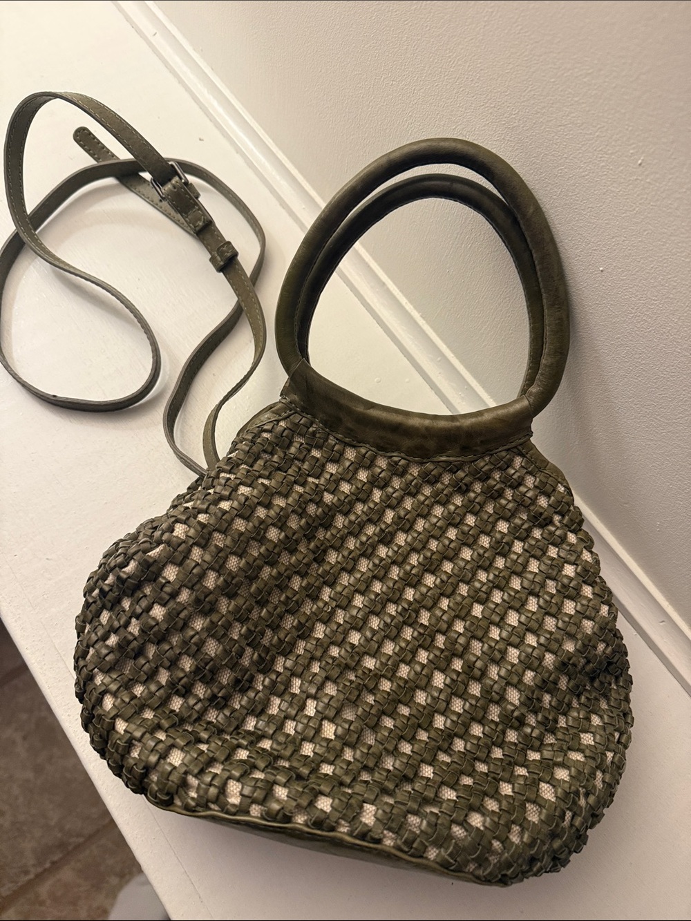 Woven Handbag with Top Handles in Olive Green